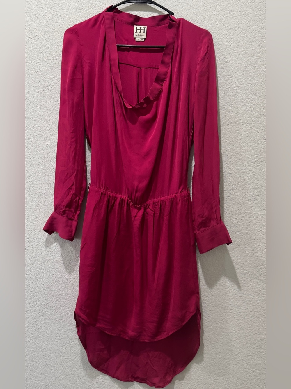 Haute Hippie Silk Fuchsia Long-Sleeve Cowl-Neck Dress